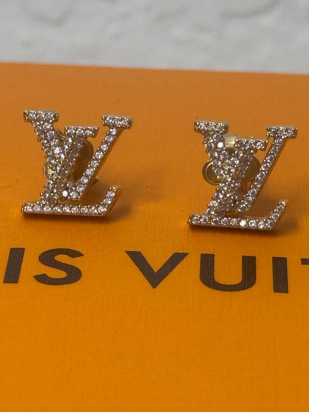 Louis Vuitton LV Crystal Rhinestone Stud Earrings Silver Tone